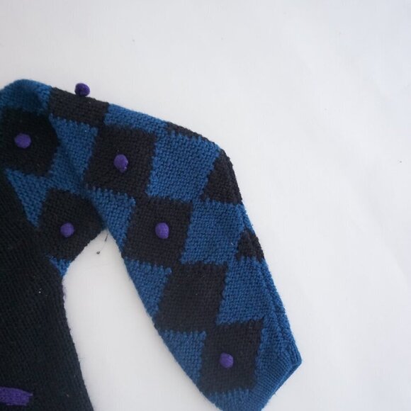 Vintage '80S Bay Club 30% Wool Black Knit w Multicolor Pom Pom Crew Sweater L - Picture 5 of 12